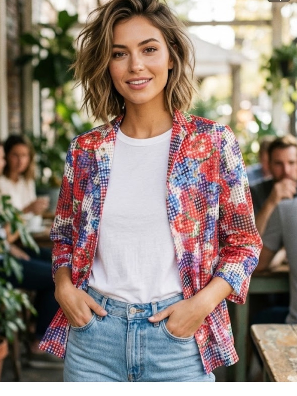 Weavz Floral Houndstooth Open Blazer - Black, Red, Blue, Purple, Green